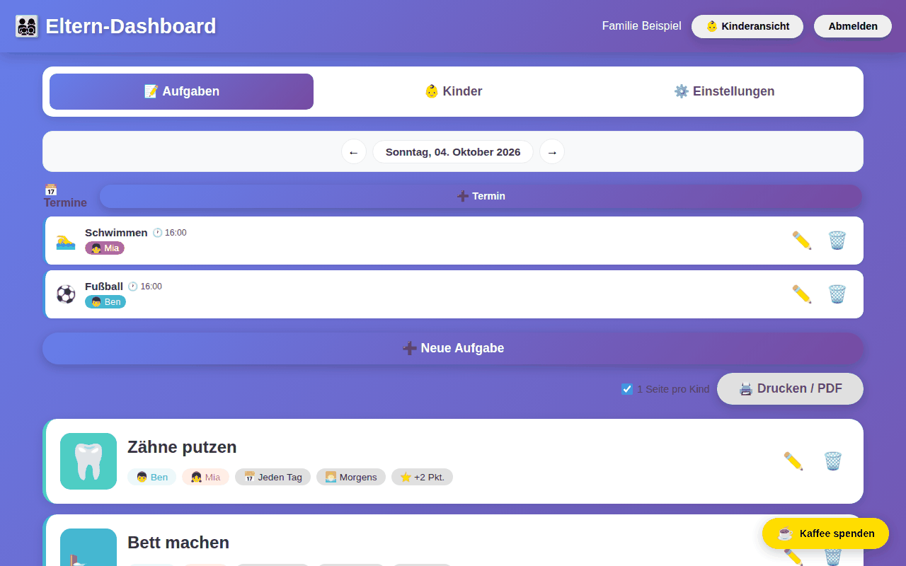Eltern-Dashboard von Tagesheld: Termine und Aufgabenliste mit Icons, Kindern, Wochentagen, Kategorien und Punkten