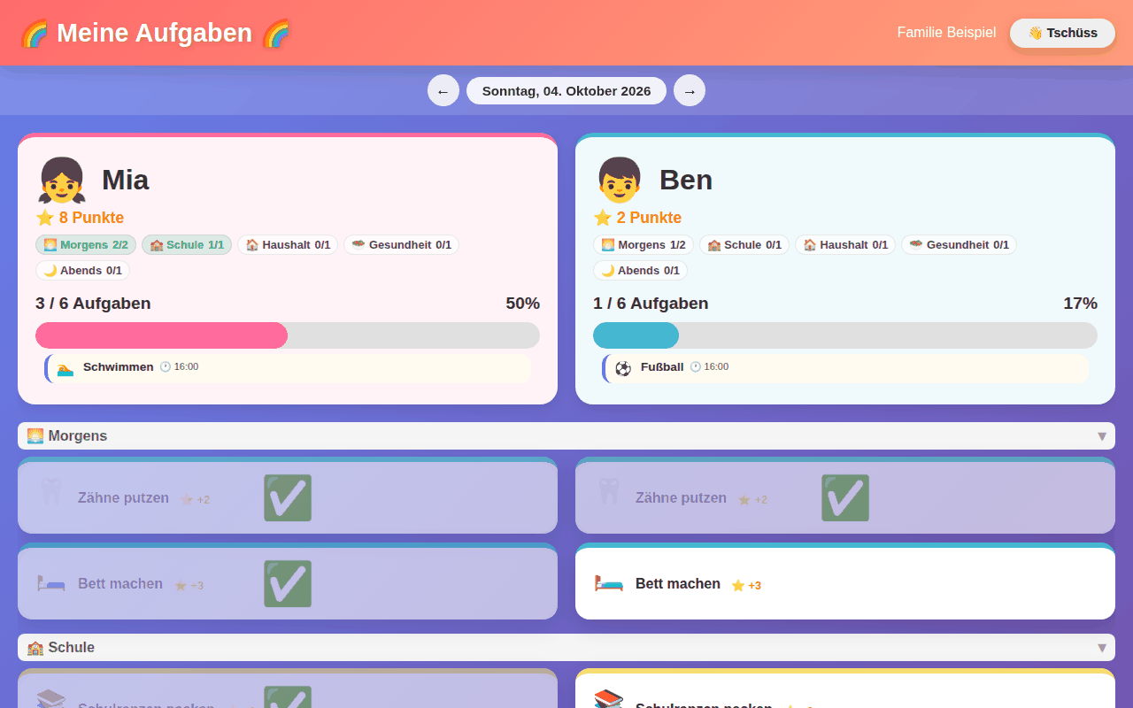 Kinder-Dashboard von Tagesheld auf dem Tablet: Zwei Kinder mit Fortschrittsbalken, Punkten und bunten Aufgabenkarten, erledigte Aufgaben sind abgehakt